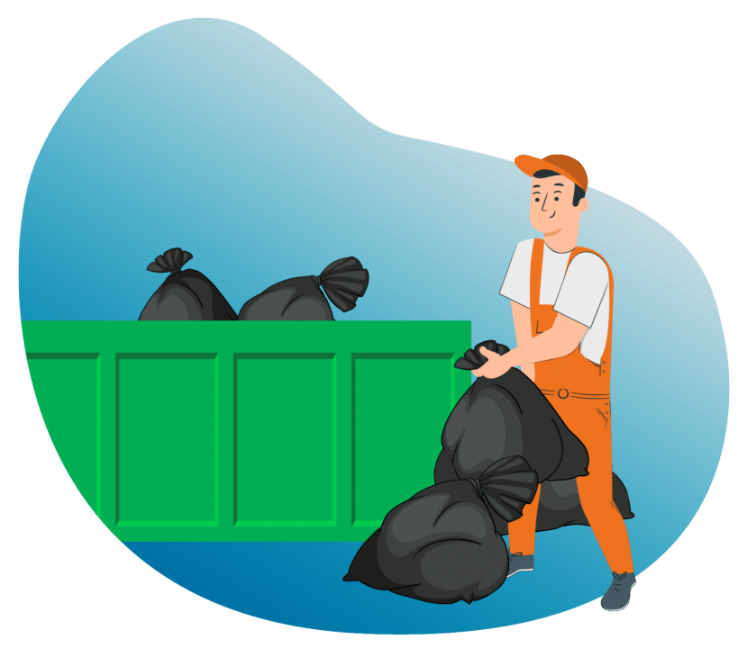 Entrümpelung - Entrümpler schmeißt Säcke in einem Container